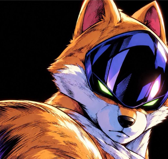A digital illustration of the Fox McCloud character from Star Fox, depicted with orange fur and wearing his iconic blue and purple visor with glowing green eyes.