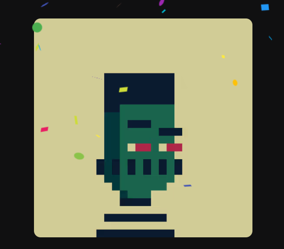 A pixel art style illustration of a green Frankenstein-like face with a flat top, stitches, and one red glowing eye, set against a beige background with scattered colorful confetti.