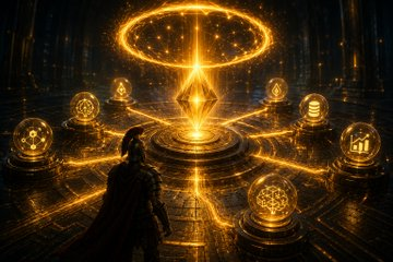 A fantasy scene featuring a cloaked figure facing a glowing golden portal surrounded by floating orbs in a dark chamber.