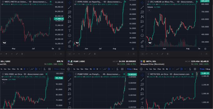 A dark-themed dashboard displaying multiple cryptocurrency price charts on TradingView, including WBTC/METH, HYPE/USDC, ZEC/NEAR, SOL/USDC, PUMP/USDC, and WETH/SOL pairs, with several showing recent upward price action.