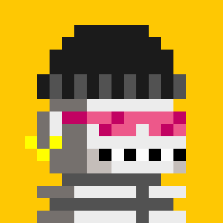 A pixel art character with dark hair wearing pink rectangular sunglasses, a gold earring, and a striped black and white shirt against a yellow background.