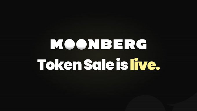 The image displays "MOONBERG Token Sale is live." in white and yellow text against a black background, serving as a promotional banner that ties into the post's message about the multi-stage token sale, with Stage 3 currently "incoming."