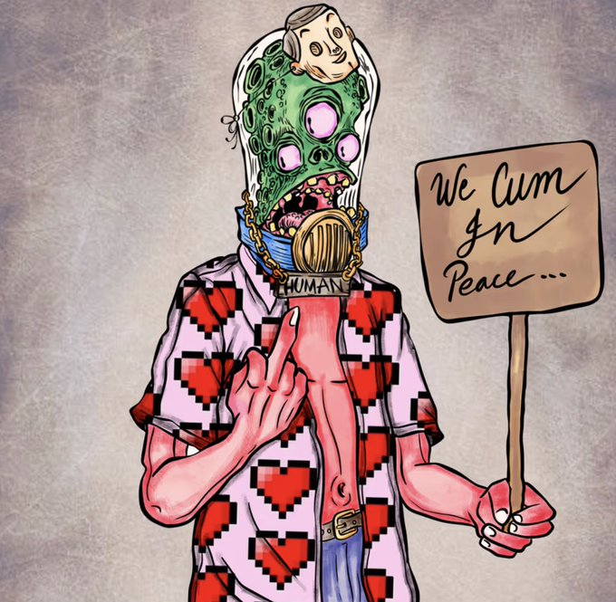 Surreal illustration of a zombie-like figure wearing a red and white heart-patterned shirt, with a human face on top of its green multi-eyed head, holding a sign that reads 'We Cum in Peace'.