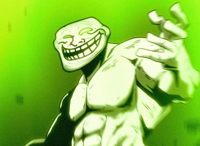 A stylized illustration of a muscular, grinning troll-face character bathed in a green tint, striking a menacing pose with one hand raised.