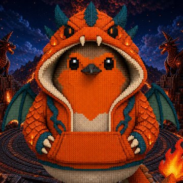 A pixel-art illustration shows a cute orange dragon character wearing an orange dragon hoodie with the hood up, claws gripping the front pocket against a fiery, mystical background with starlit skies. The image represents the post's reference to NFTs and the "fxnction" community, suggesting the character embodies that NFT era nostalgia.