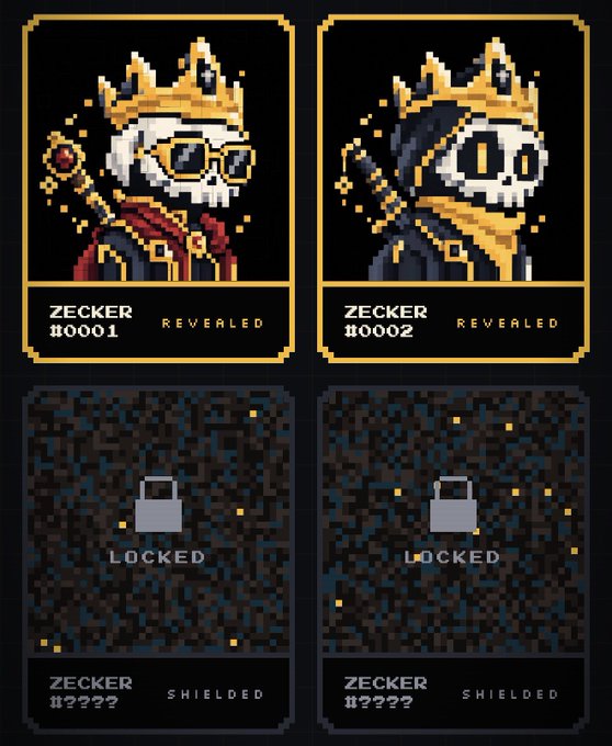 Pixel art trading cards featuring crowned skull characters, with two 'ZECKER' cards revealed and two 'LOCKED' cards shielded below them.