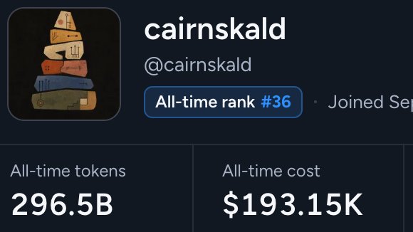 A user profile for 'cairnskald' (@cairnskald) showing an all-time rank of #36, with 296.5B all-time tokens and an all-time cost of $193.15K.