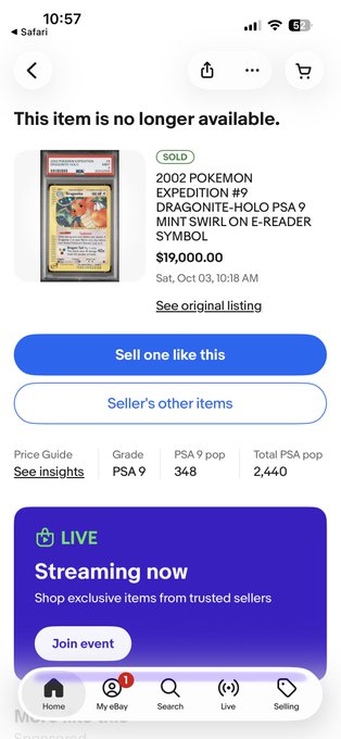 A screenshot from the eBay mobile app showing a sold listing for a "2002 POKEMON EXPEDITION #9 DRAGONITE-HOLO PSA 9 MINT SWIRL ON E-READER SYMBOL" that sold for $19,000.00.