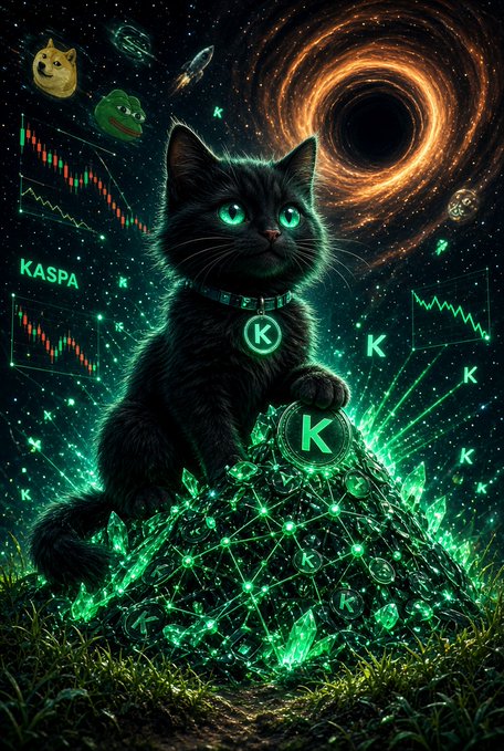 A black cat with glowing green eyes sits atop a pile of green Kaspa (K) cryptocurrency coins and crystals, surrounded by space imagery, trading charts, and Memecoin and Doge mascots.