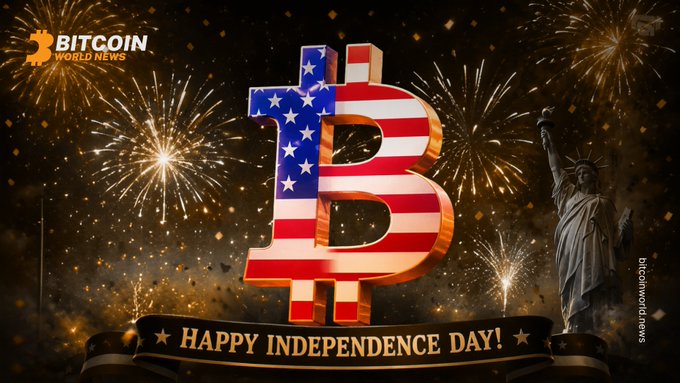 A Bitcoin World News graphic featuring a Bitcoin logo styled with the American flag, fireworks, the Statue of Liberty, and the text 'HAPPY INDEPENDENCE DAY!'.