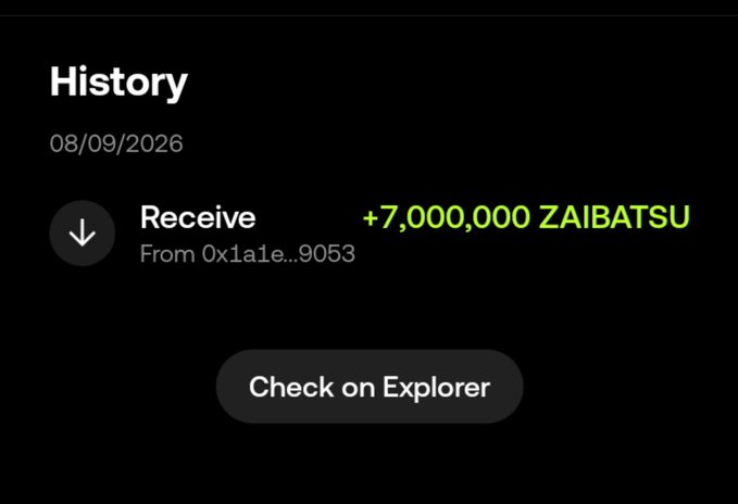 A mobile app screen showing a transaction history entry dated 08/09/2026 for receiving '+7,000,000 ZAIBATSU' tokens from address '0x1a1e...9053'.