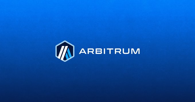 The Arbitrum logo, featuring its signature blue hexagon icon next to the word 'ARBITRUM' on a gradient blue background.