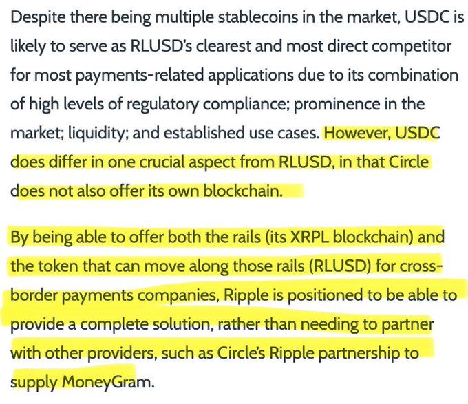 The image is a passage of text arguing that Ripple's RLUSD is better positioned than Circle's USDC for payments because Ripple offers both its own blockchain (XRPL) and token (RLUSD), while USDC lacks a proprietary blockchain. The highlighted section emphasizes that Ripple can provide a complete, integrated solution for cross-border payments without relying on partnerships, unlike Circle which must partner with Ripple to supply MoneyGram.