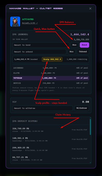 A digital wallet interface shows a 'MANAGE WALLET' screen with annotations pointing out the '$PR Balance', 'Quick Max button', and 'Claim History' in red.
