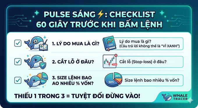 An infographic titled 'PULSE SÁNG: CHECKLIST 60 GIÂY TRƯỚC KHI BẤM LỆNH' outlines three trading rules: identifying the reason to buy, setting a stop-loss, and determining position size, warning that missing any of these means absolutely not entering the trade.