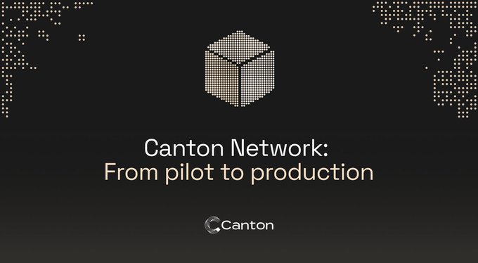The image shows a poster for a company called Canton Network. The poster features a large hexagonal shape with a white dot inside, which represents a tokenized asset or cryptocurrency. Below this logo, there is text that reads "From pilot to production". This suggests that the company may be involved in the development and management of digital assets, such as tokens or cryptocurrencies, rather than traditional financial services like banking. The poster also mentions that the operational requirements for these assets change when real volume goes onchain, which implies that the company needs to adapt its processes and strategies accordingly.