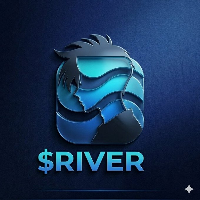 The image features a logo for a cryptocurrency called "River" with a person's face drawn above the word "River". The logo is displayed against a dark blue background, which contrasts with the light blue water below the logo. Below the logo, there is text that reads "Market' s quiet, feels slow, good. This is exactly where positioning matters most." The image also includes an image of a star and the words "@RiverdotInc" and "Stake".