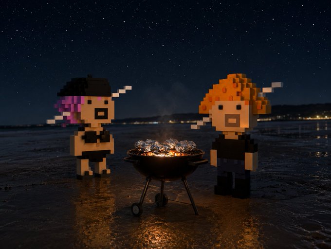 Two Minecraft-style pixelated characters, one with purple hair and one with orange hair, stand on an icy beach at night grilling meat on a barbecue under a starry sky.