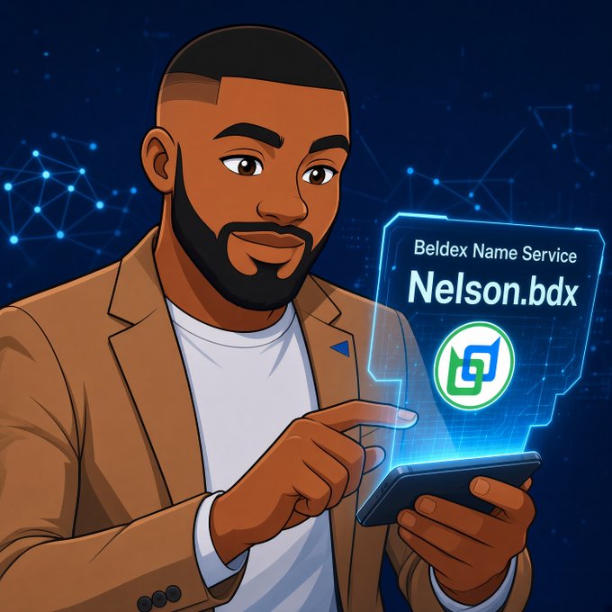 An illustrated man in a brown jacket points to a holographic interface displaying 'Beldex Name Service' and 'Nelson.bdx' against a starry digital background.