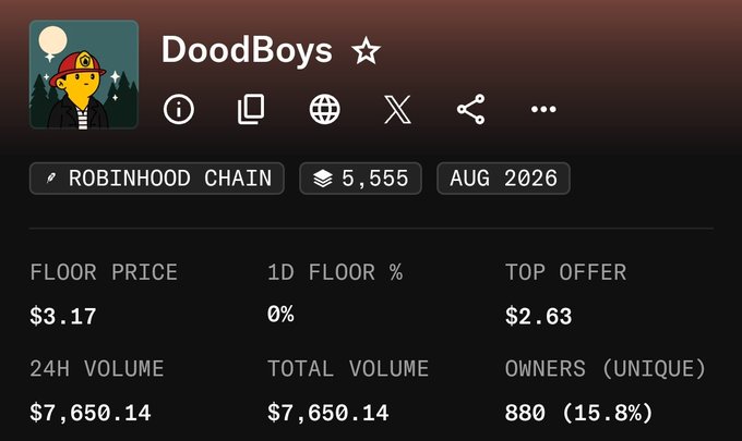 This image shows a DoodBoys NFT collection page with a floor price of $3.17, top offer of $2.63, a 24H volume of $7,650.14, and 880 unique owners on the Robinhood Chain. The data relates to the accompanying post by suggesting the user bought their NFTs at $2, which is below the current top offer of $2.63, indicating they secured a favorable price relative to current market conditions.