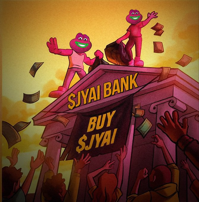 A stylized illustration of two pink Barney the Dinosaur characters standing on top of a bank building labeled '$JYAI BANK' with a banner reading 'BUY $JYAI' as money falls from the sky toward a crowd of reaching hands.