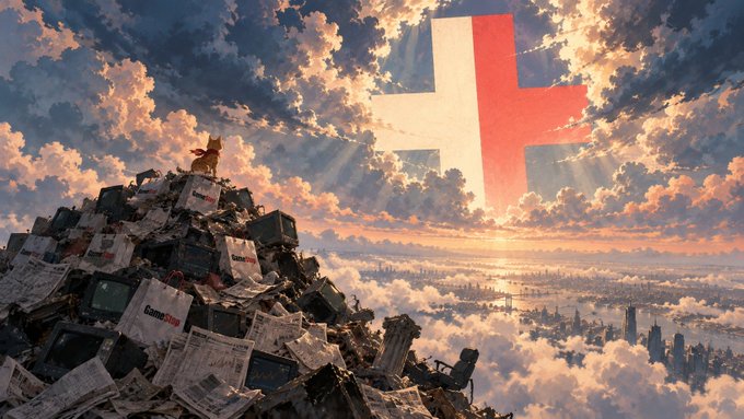 A surreal digital artwork shows a dog sitting atop a pile of discarded newspapers and old TVs overlooking a city below clouds, with a large glowing cross in the sky above the horizon.