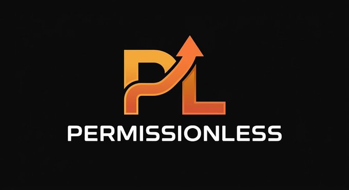 A logo on a black background featuring stylized orange letters 'PL' with an upward arrow, accompanied by the text 'PERMISSIONLESS' in white.