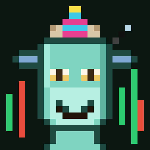 A pixel art portrait of a smiling teal-green character wearing a colorful striped hat, set against a black background with green and red vertical bars on the sides.