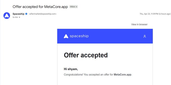 An email from Spaceship addressed to "shyam" confirming "Offer accepted" for MetaCore.app, dated Thu, Apr 23 at 11:59 PM.