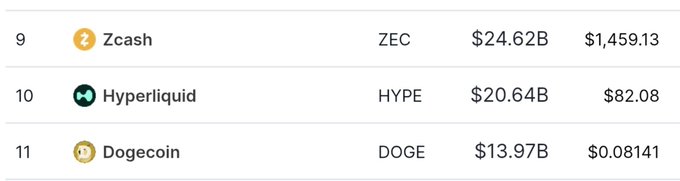 A cryptocurrency ranking list showing Zcash (ZEC) at $24.62B, Hyperliquid (HYPE) at $20.64B, and Dogecoin (DOGE) at $13.97B.