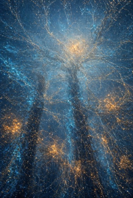 An abstract digital artwork featuring dark blue cosmic clouds intertwined with glowing golden filament-like structures and bright celestial points of light.