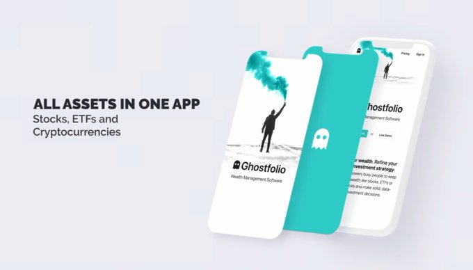 A marketing graphic for Ghostfolio app with text 'ALL ASSETS IN ONE APP - Stocks, ETFs and Cryptocurrencies,' displaying angled smartphone mockups showing the app's teal and white interface.