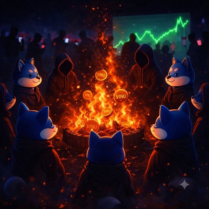 A dark, digital-style illustration shows hooded Shiba Inu dog figures gathered around a fiery pit containing coins labeled "$INU" and "SINU," with a glowing green stock chart visible in the background.