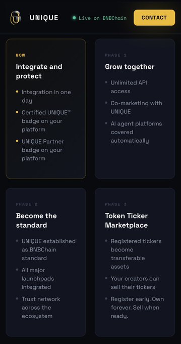 UNIQUE project roadmap displayed on BNBChain, outlining phases: integrate and protect, grow together with unlimited API access, become the standard, and the Token Ticker Marketplace.