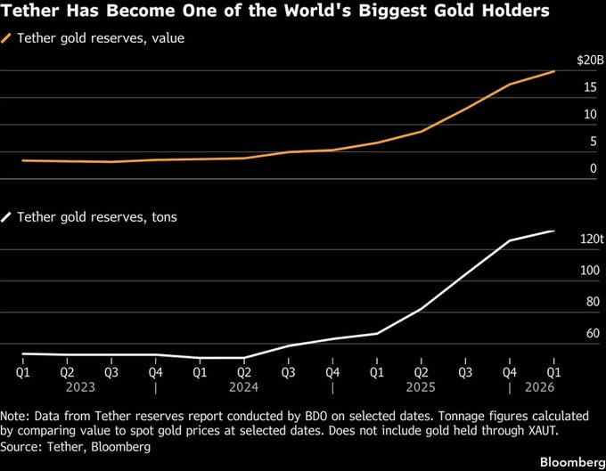 The image features two charts showing Tether's gold reserves growth from Q1 2023 to Q1 2026, with reserves by value rising from approximately $3 billion to over $20 billion, and tonnage increasing from around 60 tons to over 120 tons, with the most dramatic accumulation occurring between Q2 2024 and Q4 2025. The data, sourced from Tether's reserves report audited by BDO and Bloomberg, visually supports the post's claim that Tether quietly built up its gold position into one of the world's largest holdings, particularly during the 2024-2025 drawdown period.