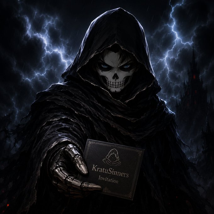A menacing hooded grim reaper figure with a skull-like face extends a metallic skeletal hand offering a dark invitation card reading "KratuSinners Invitation" against a stormy, lightning-filled backdrop with a gothic castle silhouette. The image visually represents the exclusive recruitment post, with the ominous invitation card serving as the "ticket" required to join the KratuSinners group.