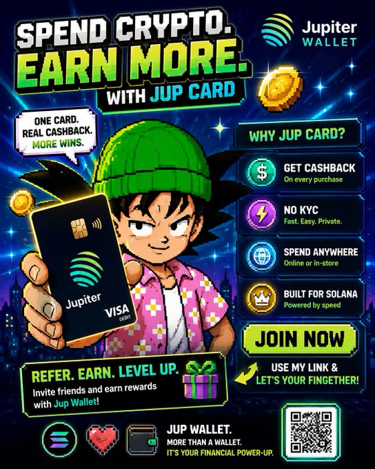 A vibrant anime-style advertisement for 'Jupiter Wallet' promoting the 'JUP CARD' with features like 'GET CASHBACK', 'NO KYC', and 'SPEND ANYWHERE' displayed on a starry background.