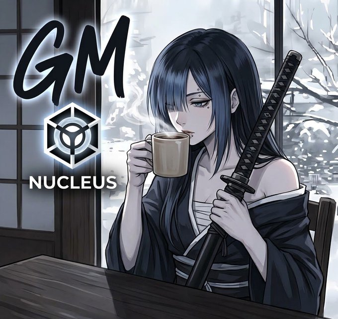An anime-style illustration featuring a blue-haired character in traditional Japanese clothing drinking from a cup while holding a katana, with 'GM NUCLEUS' text and logo.