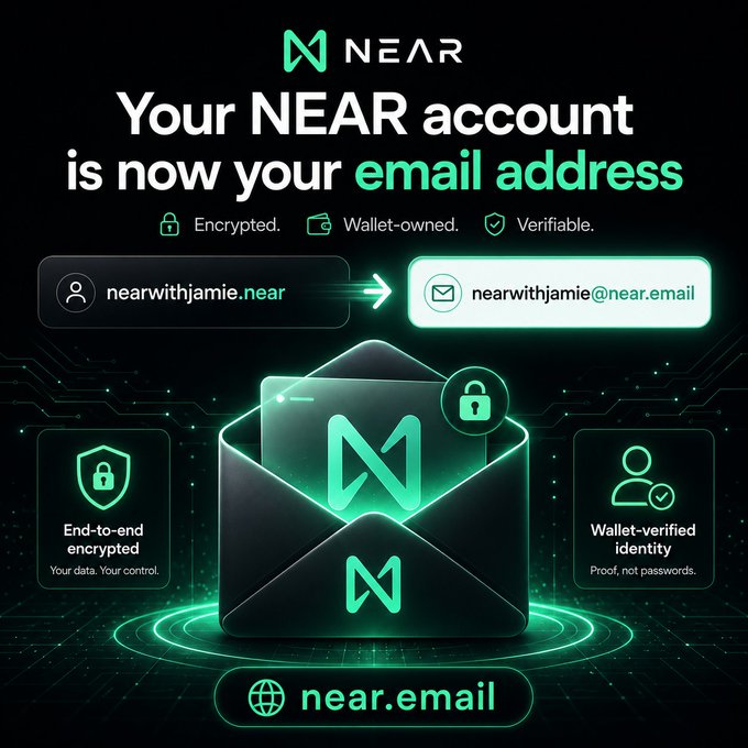 Promotional graphic for NEAR Protocol's 'near.email' service, showing how a NEAR account becomes an email address with encryption and wallet-verified identity features.