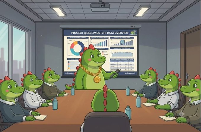 Cartoon illustration of anthropomorphic dinosaurs in business attire around a conference table with a central dinosaur wearing a gold chain, presenting a 'PROJECT @SLEEPAGOTCHI DATA OVERVIEW' screen.