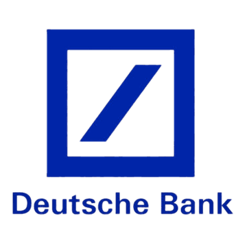 Deutsche Bank logo featuring a blue square outline with a diagonal slash inside, with "Deutsche Bank" text below.