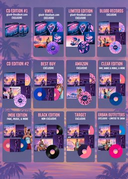 A promotional graphic showcasing multiple editions of a music release including CD Edition, Vinyl, Limited Edition, Blood Records Exclusive, Best Buy, Amazon, Indie, Black, Target, and Urban Outfitters editions.