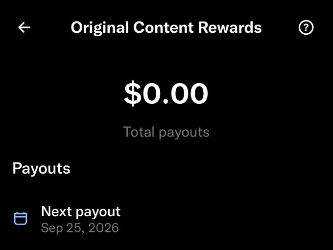 Mobile app screenshot showing "Original Content Rewards" with a total payout of $0.00 and the next payout scheduled for Sep 25, 2026.