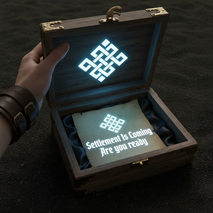 A photograph of a hand opening a wooden treasure chest on dark sand, revealing a glowing white knot symbol and a scroll reading 'Settlement Is Coming Are you ready'.