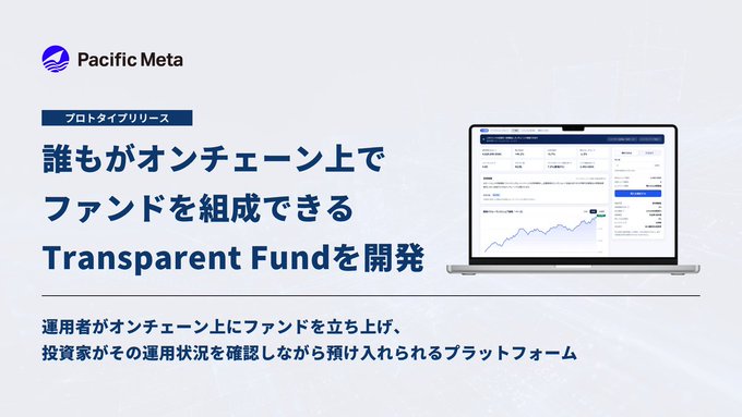 The image shows a promotional banner for Pacific Meta's "Transparent Fund" prototype release, a platform that enables users to create on-chain funds where investors can deposit while monitoring fund performance, with the Japanese text highlighting "Anyone can form funds on-chain."
