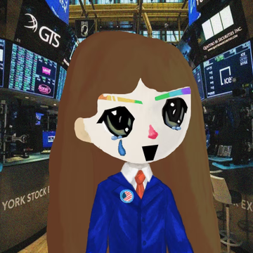 A cartoon avatar with rainbow-tipped bangs and a tearful expression stands in front of the New York Stock Exchange and GTS market floor, wearing a blue suit and red tie, humorously depicting an emotional retail investor celebrating the satirical "Retardio" meme coin despite the somber financial backdrop.