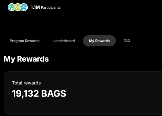 The image displays a "My Rewards" page on the Concrete platform, showing 1.1M participants and a total reward balance of 19,132 BAGS, which aligns with the post's suggestion for users to verify their farmed points after the website restored functionality.