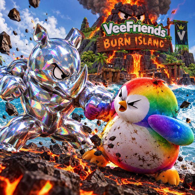Promotional artwork for 'VeeFriends BURN ISLAND,' depicting a chrome metallic character fighting a colorful rainbow penguin character on a volcanic island landscape.
