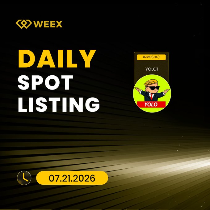 WEEX Daily Spot Listing graphic announcing the $YOLO token launch at 07:25 (UTC) on 07.21.2026, featuring the YOLO meme character logo and the WEEX branding, promoting the spot listing registration on the exchange.