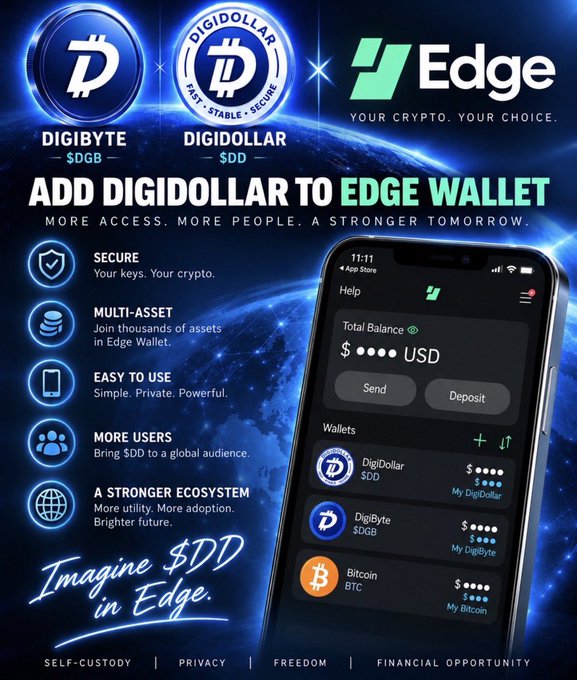 Promotional graphic for adding Digidollar ($DD) and DigiByte ($DGB) to Edge Wallet, featuring wallet screenshot and features like 'SECURE', 'MULTI-ASSET', and 'EASY TO USE'.